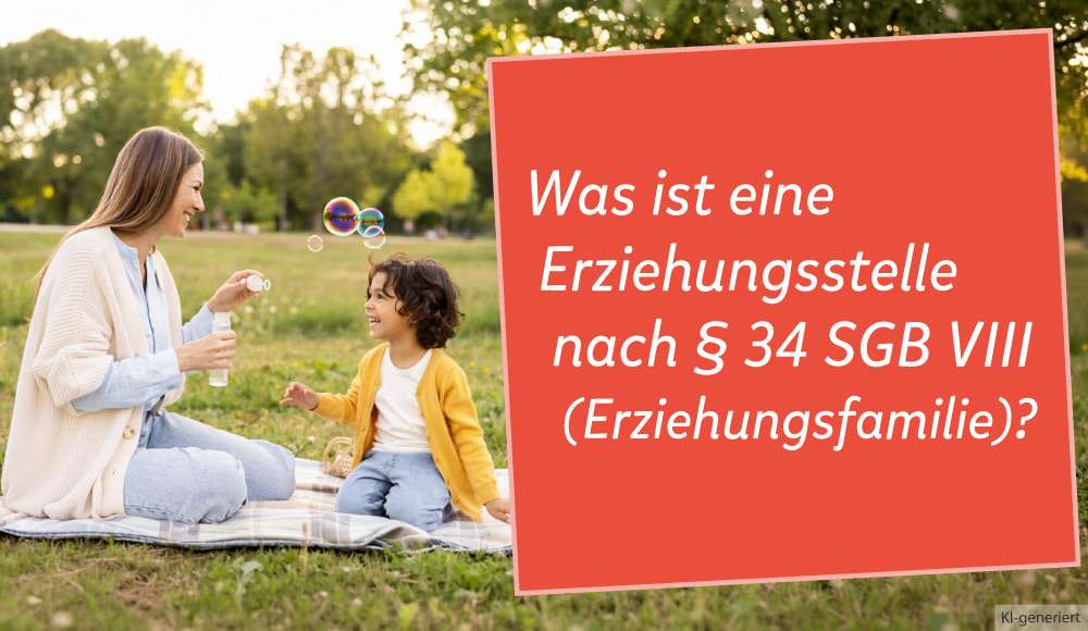 Frau sitzt mit Kind auf Wiese, daneben der Text: Was ist eine Erziehungsstelle nach &sect; 34 SGB VIII (Erziehungsfamilie)?
