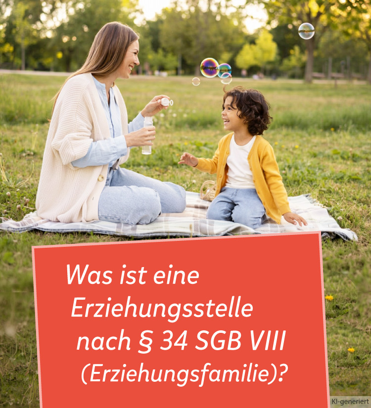 Frau sitzt mit Kind auf Wiese, daneben der Text: Was ist eine Erziehungsstelle nach &sect; 34 SGB VIII (Erziehungsfamilie)?