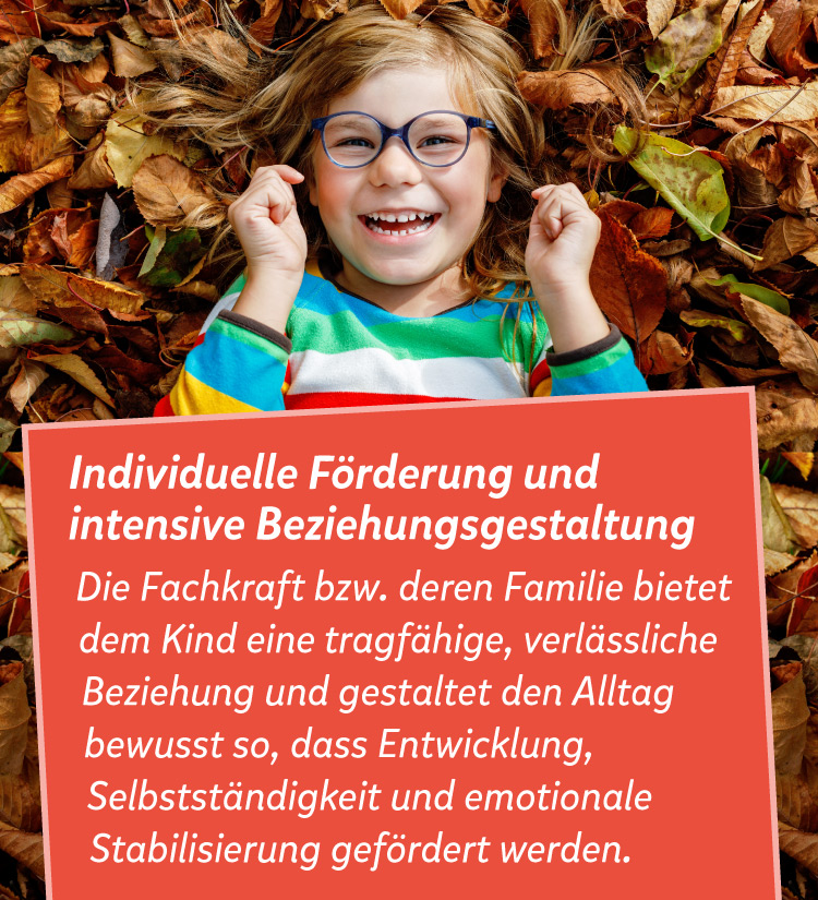 Kind liegt auf bunten Bl&auml;ttern im Herbst, daneben der Text: Individuelle F&ouml;rderung und intensive Beziehungsgestaltung, Die Fachkraft bzw. deren Familie bietet dem Kind eine tragf&auml;hige, verl&auml;ssliche Beziehung und gestaltet den Alltag bewusst so, dass Entwicklung, Selbstst&auml;ndigkeit und emotionale Stabilisierung gef&ouml;rdert werden. 