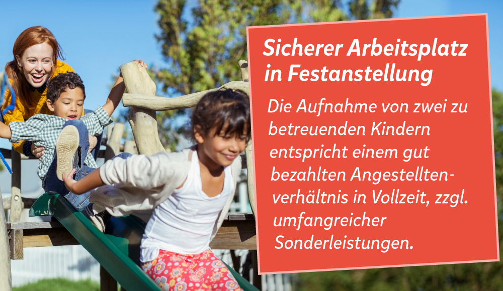 Eine Frau mit 2 Kindern auf einem Spielplatz, daneben der Text: Sicherer Arbeitsplatz  in Festanstellung, Die Aufnahme von zwei zu betreuenden Kindern entspricht einem gut bezahlten Angestellten- verh&auml;ltnis in Vollzeit, zzgl. umfangreicher Sonderleistungen. 