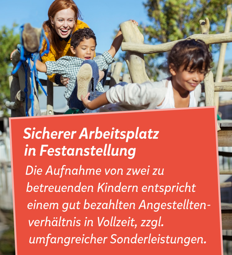 Eine Frau mit 2 Kindern auf einem Spielplatz, daneben der Text: Sicherer Arbeitsplatz  in Festanstellung, Die Aufnahme von zwei zu betreuenden Kindern entspricht einem gut bezahlten Angestellten- verh&auml;ltnis in Vollzeit, zzgl. umfangreicher Sonderleistungen. 